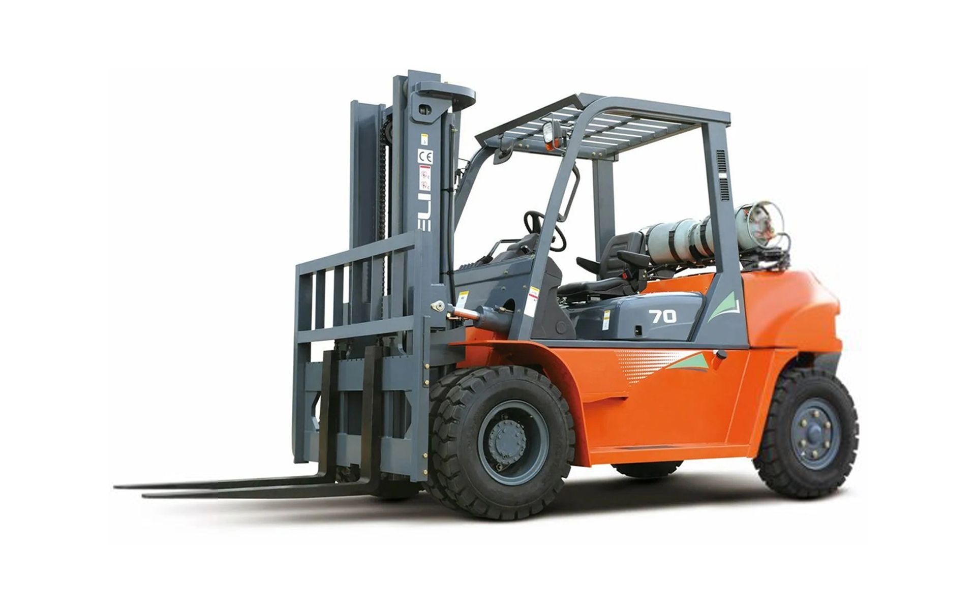Orange forklift with grey mast and cab, on a white background.