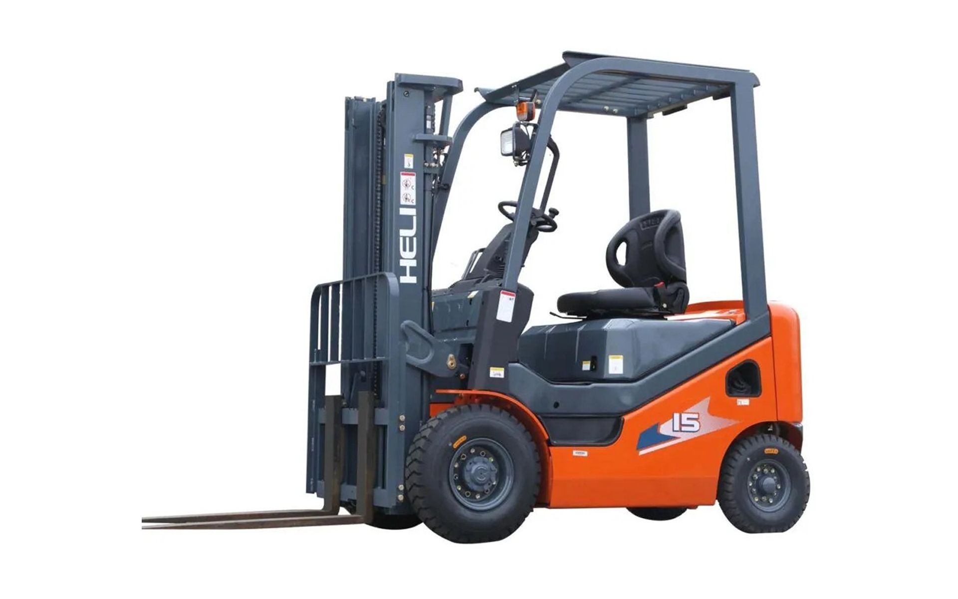 Orange and gray forklift on white background.