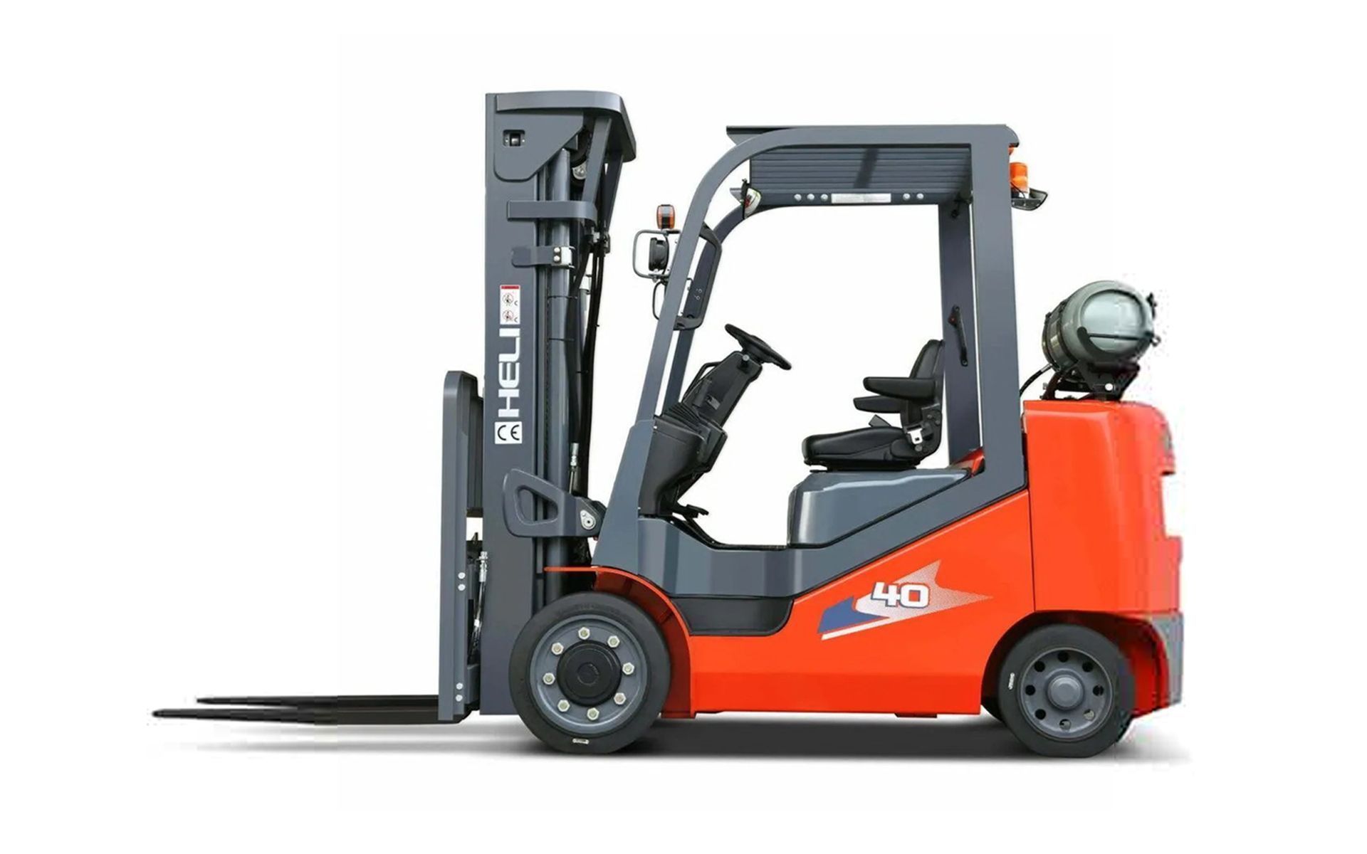 Orange forklift truck with black forks, standing on a white background.