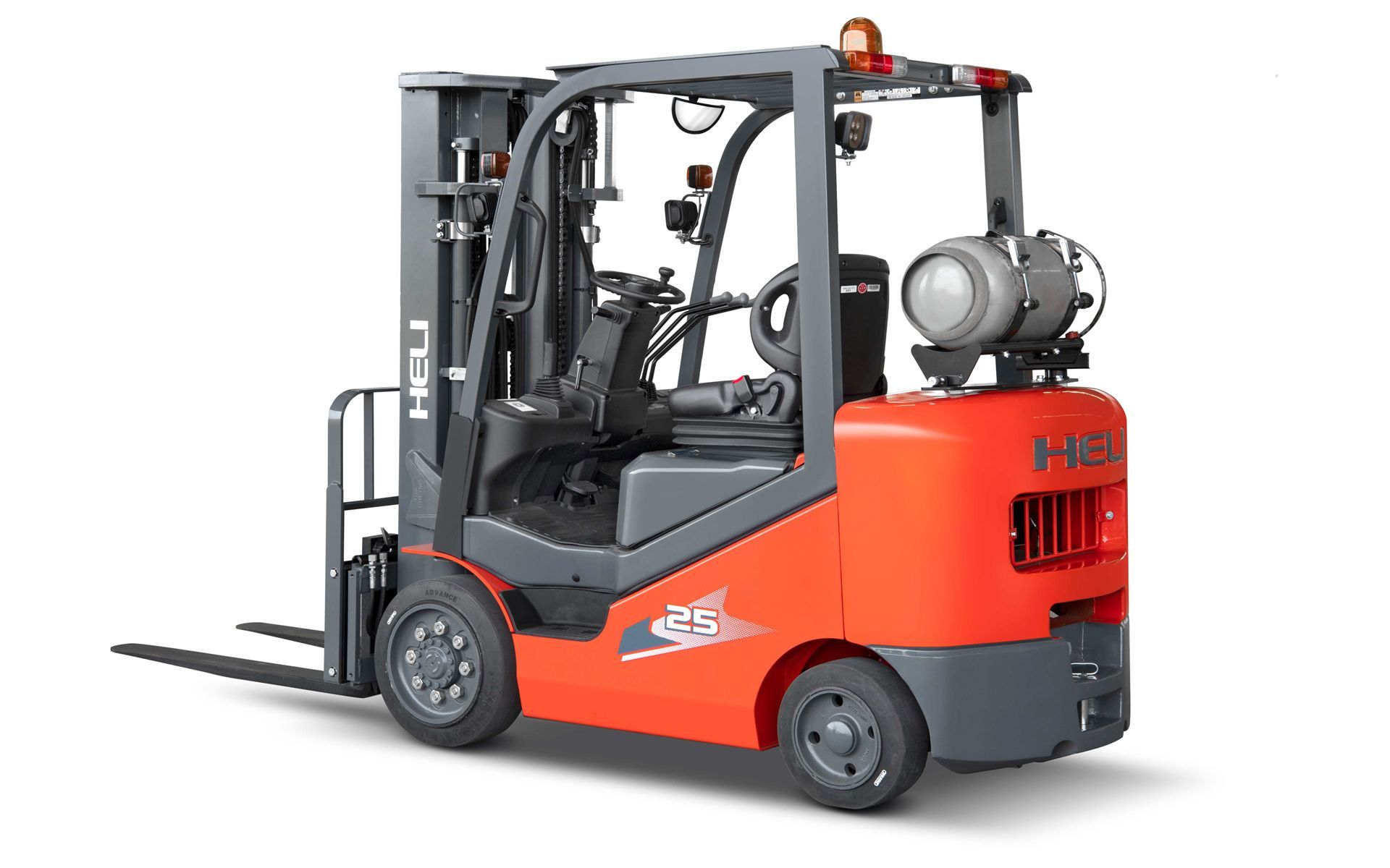 Orange forklift with propane tank, parked against a white background.