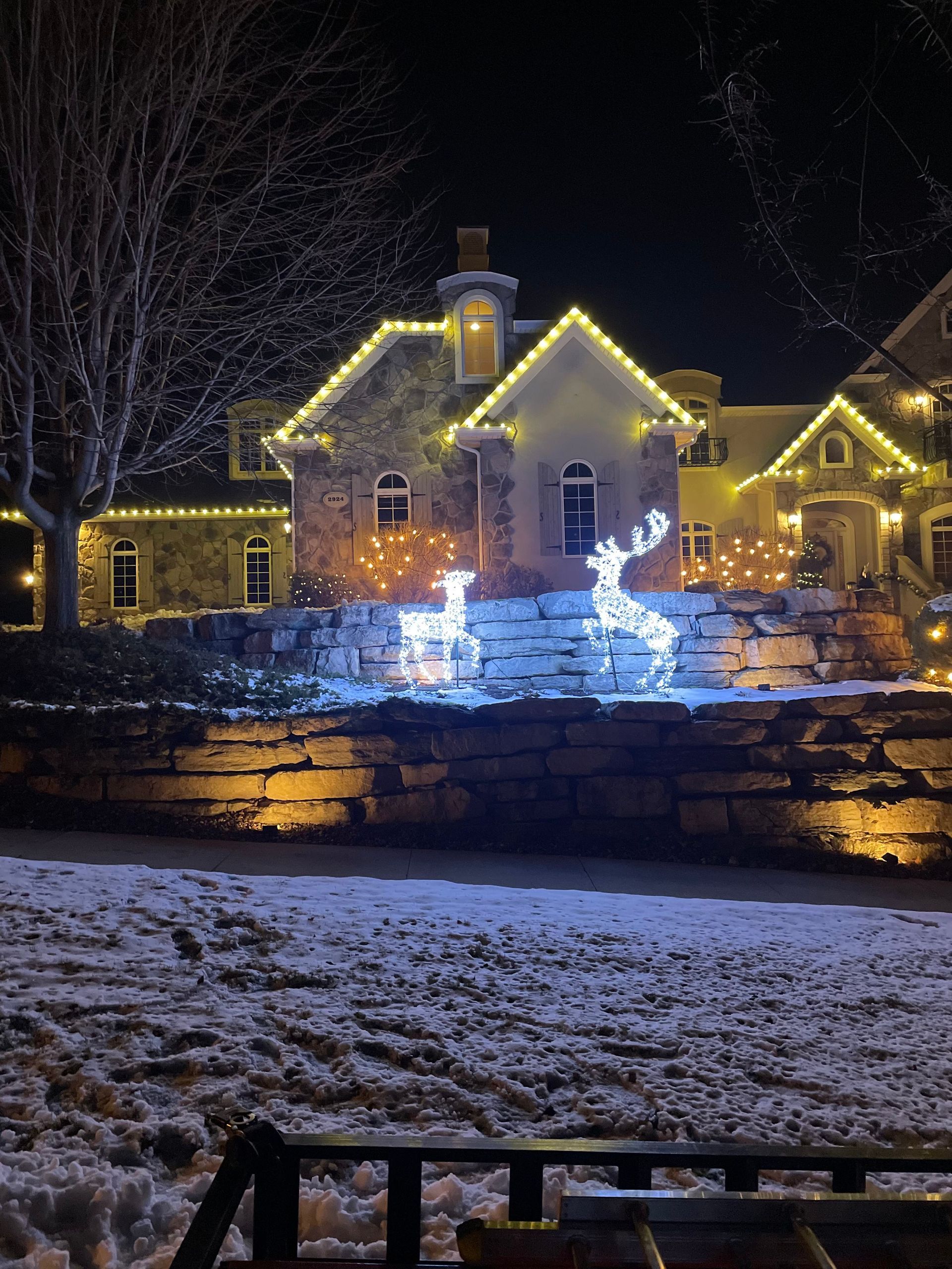 A house with christmas lights on it and two reindeer in front of it