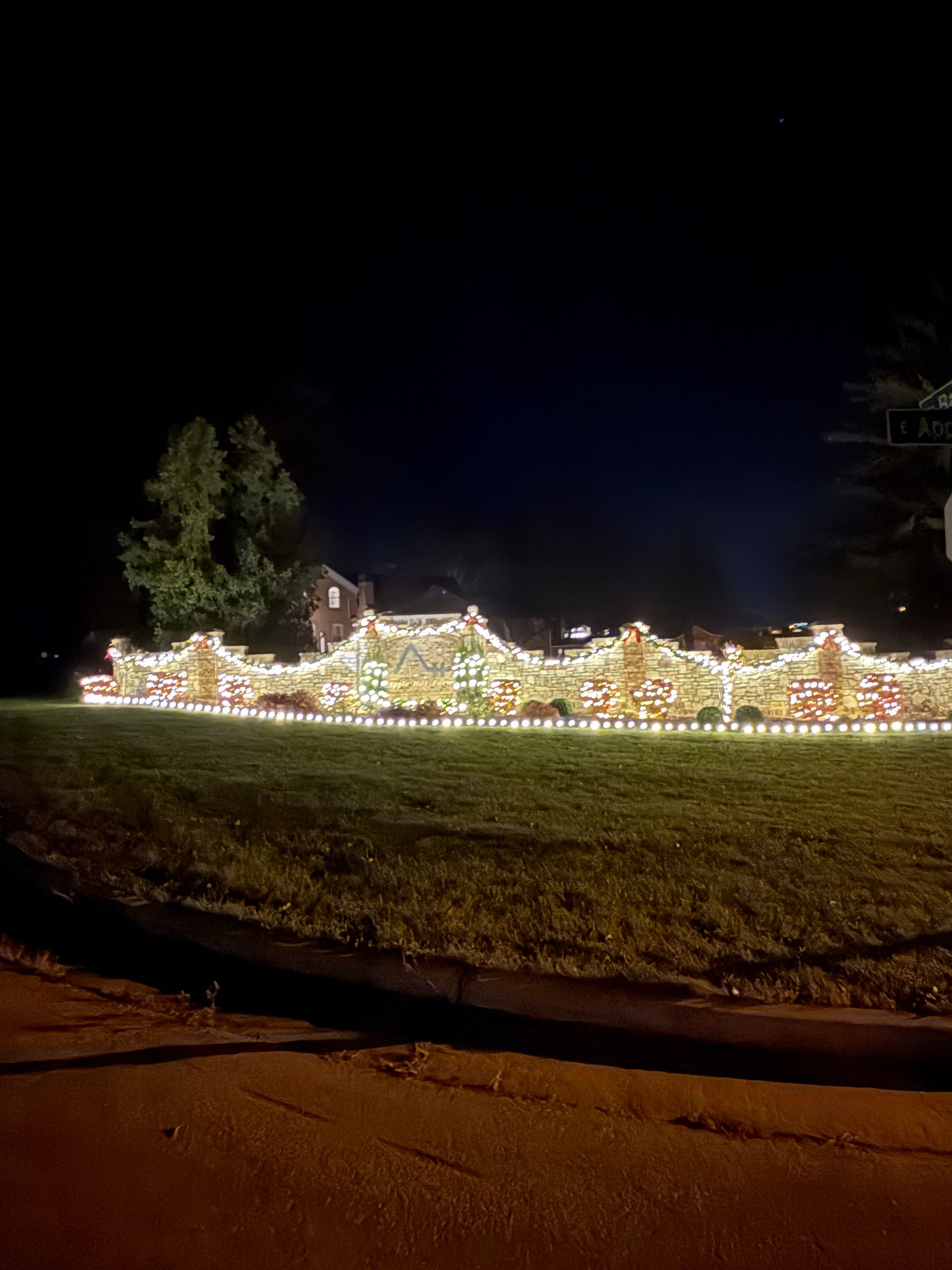 A fence with christmas lights on it is lit up at night.