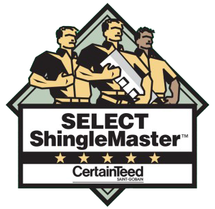 A logo for select shingle master shows three men standing next to each other