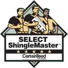 A logo for select shingle master shows three men holding a saw