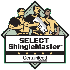 A logo for select shingle master shows three men holding a saw