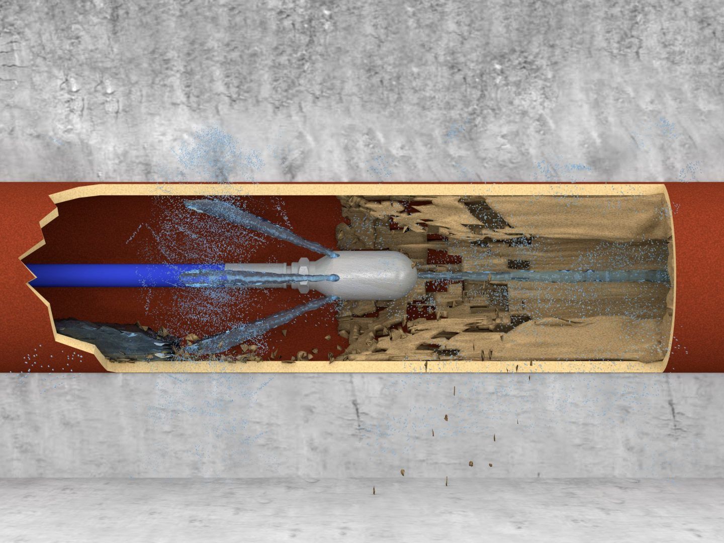 Sectional view of a pipe being cleaned by high-pressure water. The tool sprays water, clearing debris.