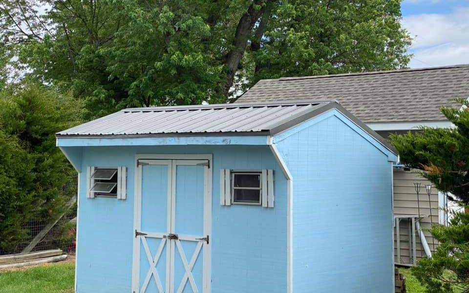 A blue shed with a metal roof is in the backyard of a house.
