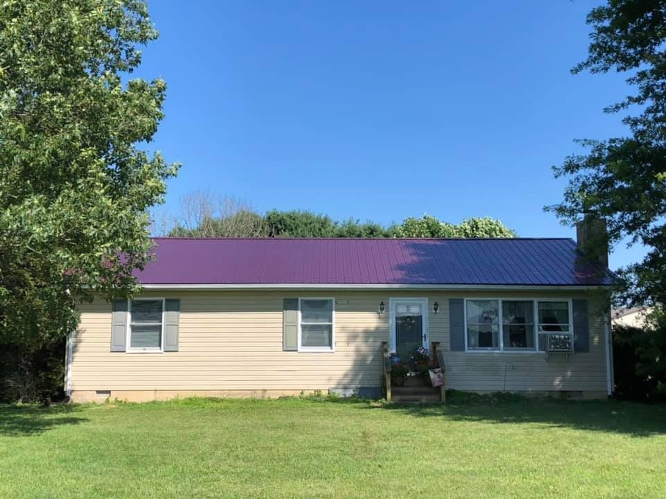 A house with a purple roof is sitting on top of a lush green field.