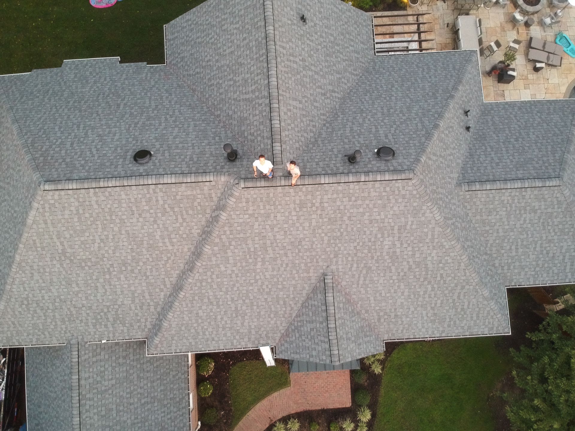 An aerial view of the roof of a house