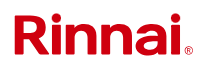 Rinnai logo in red text on a white background, with a small circle next to the last letter.