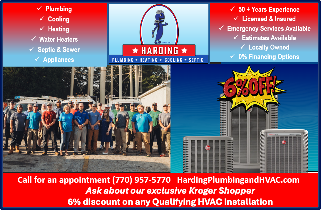 Harding Plumbing and HVAC advertisement with contact info, services list, team photo, and a 6% discount offer.