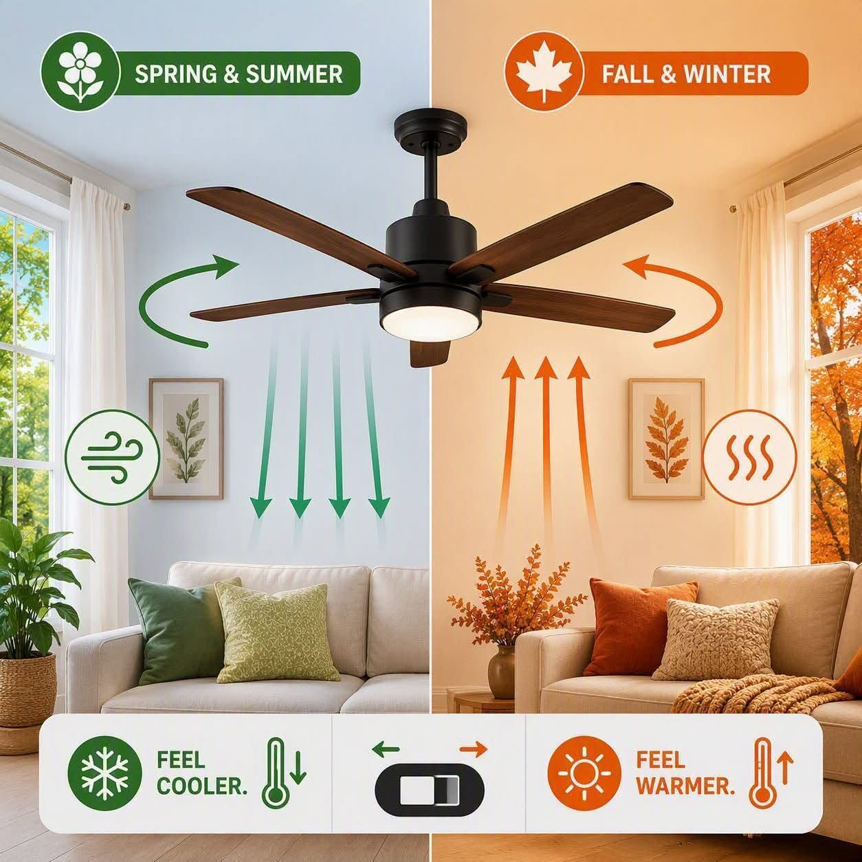 Ceiling fan with reversible summer and winter airflow over split cool and warm room scenes.