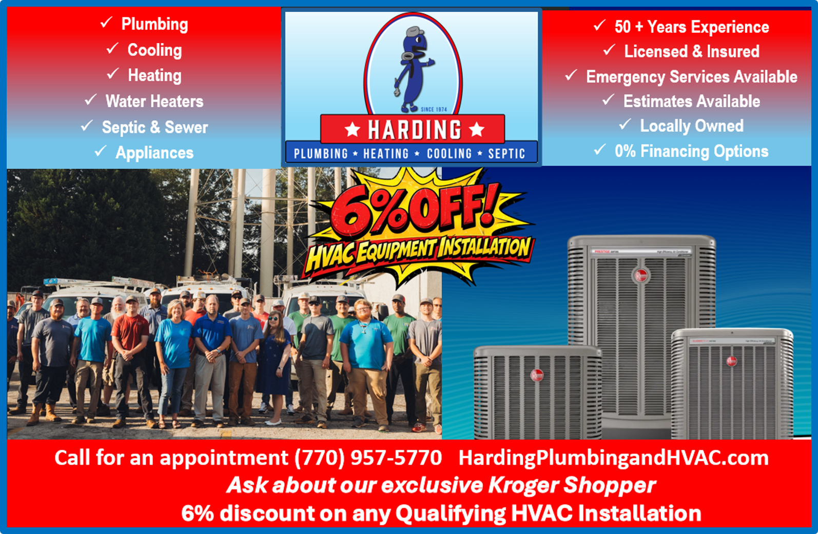 Harding Plumbing and HVAC advertisement with contact info, services list, team photo, and a 6% discount offer.