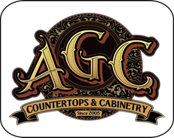 Logo for AGC Countertops & Cabinetry, with ornate gold letters "AGC" over a brown decorative background, "COUNTERTOPS & CABINETRY" banner below.