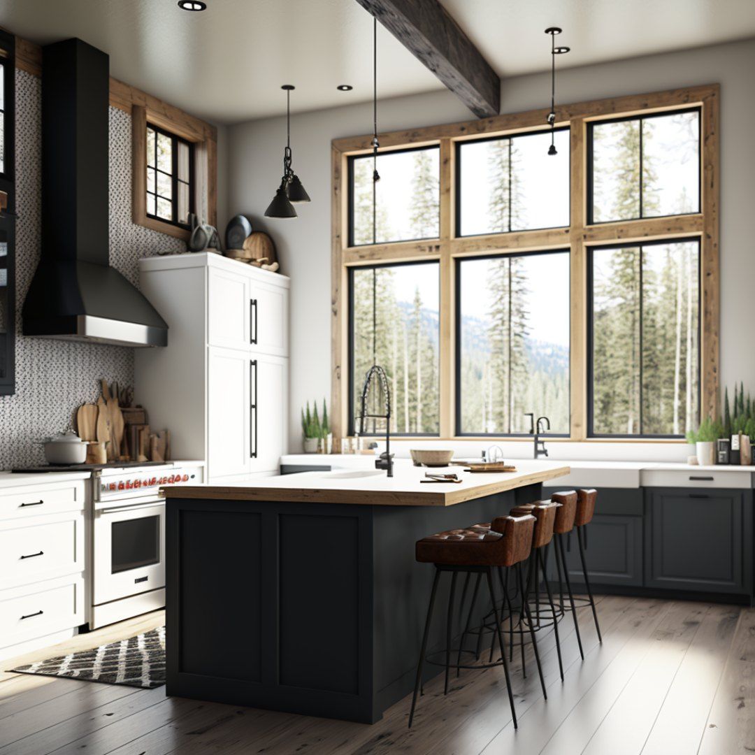 Modern kitchen with black island, large window, and bar stools.