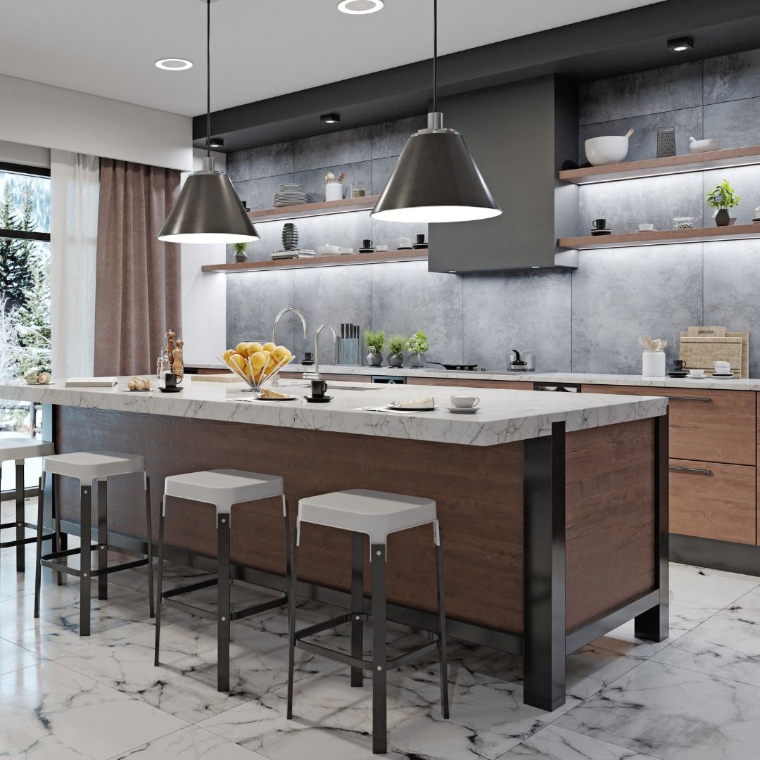 Modern kitchen with island, marble countertops, pendant lights, and bar stools.