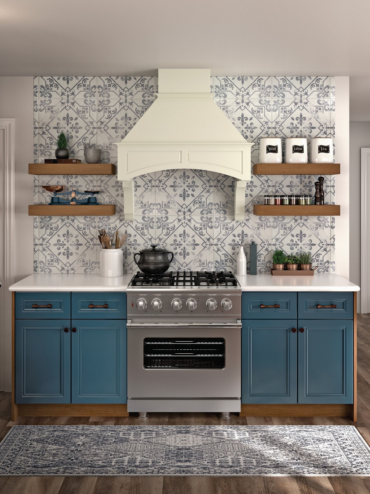 Kitchen with blue cabinets, stainless steel range, patterned backsplash, and floating shelves.