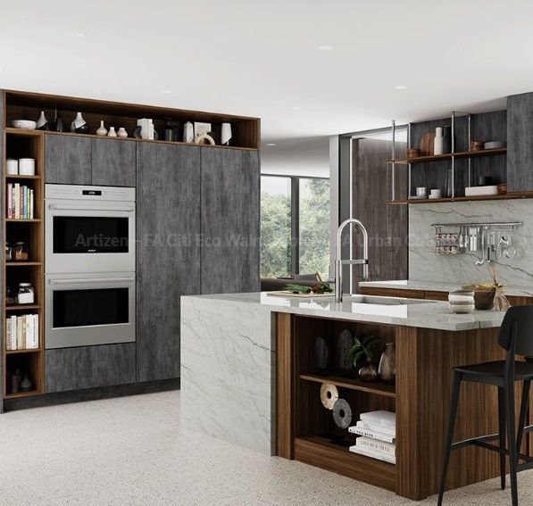 Modern kitchen with grey cabinets, wood island, double oven, and shelving.