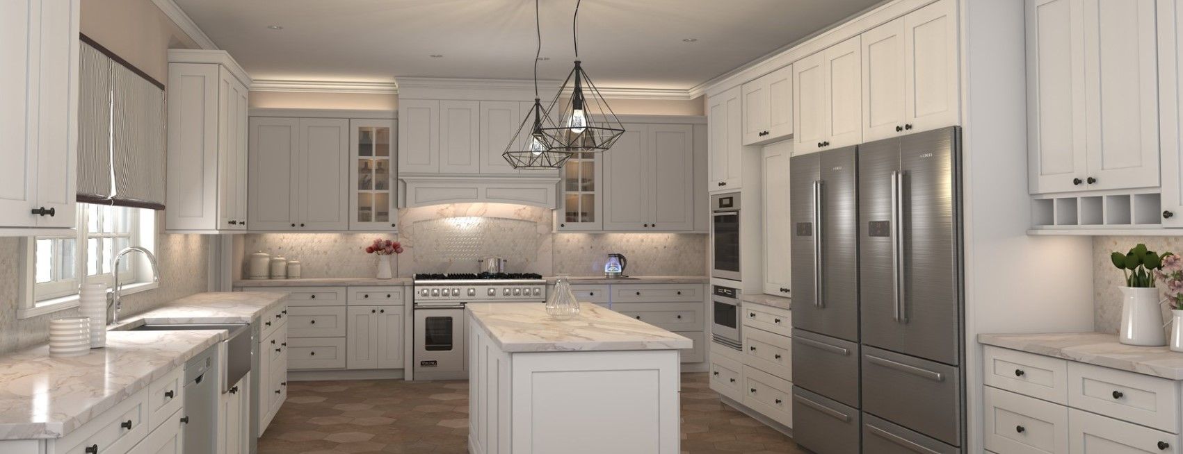White kitchen with cabinets, island, and stainless steel refrigerator.