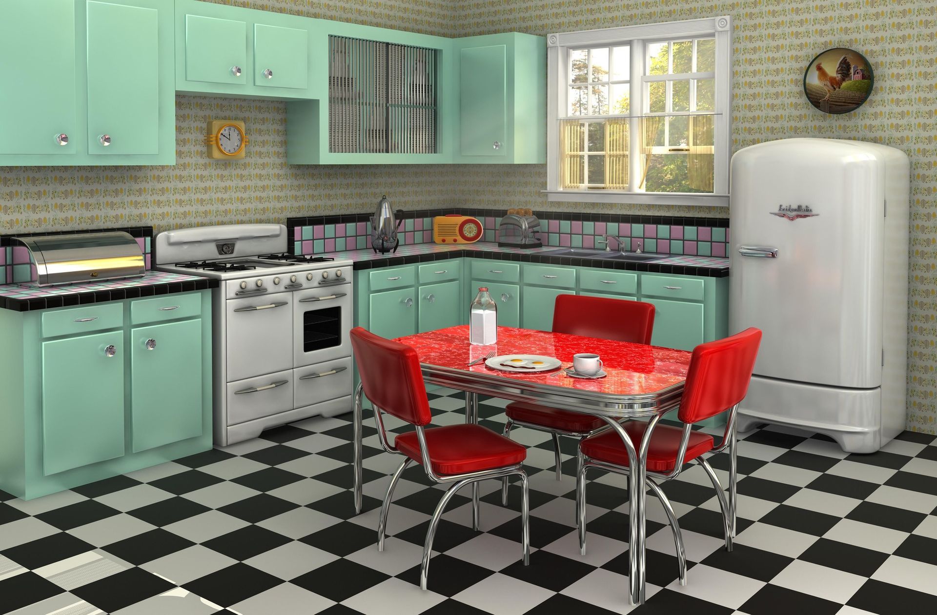 Retro kitchen with teal cabinets, red table/chairs, and a checkered floor.