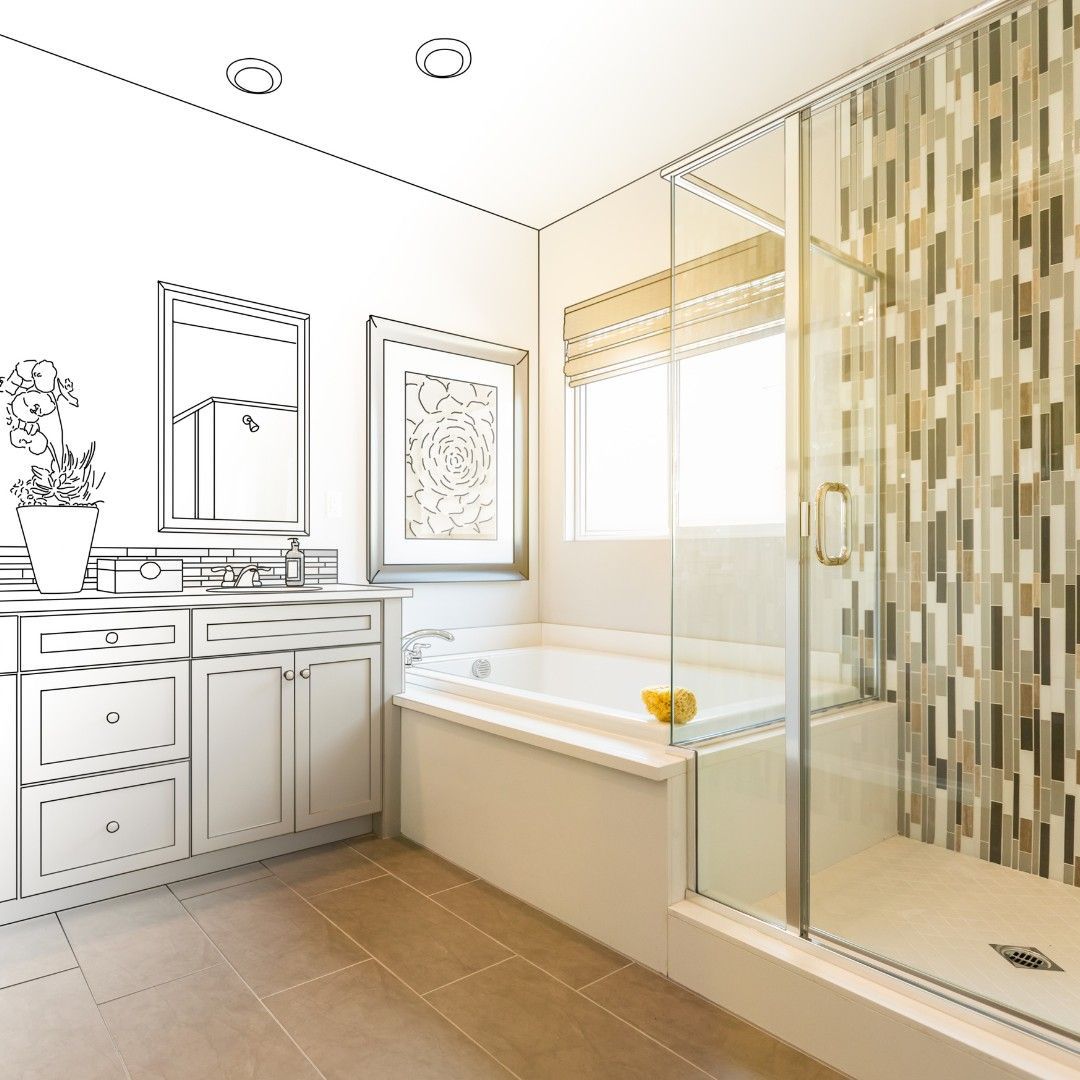 Bathroom with sketch details, a tub, shower, and vanity. Beige and white tones, glass shower door.