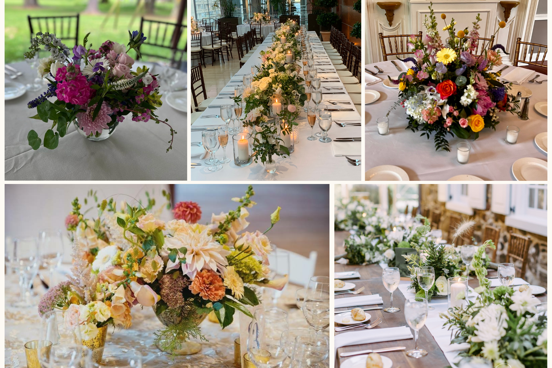 Elegant floral centerpieces in white, pink, yellow, and purple on outdoor and indoor dining tables