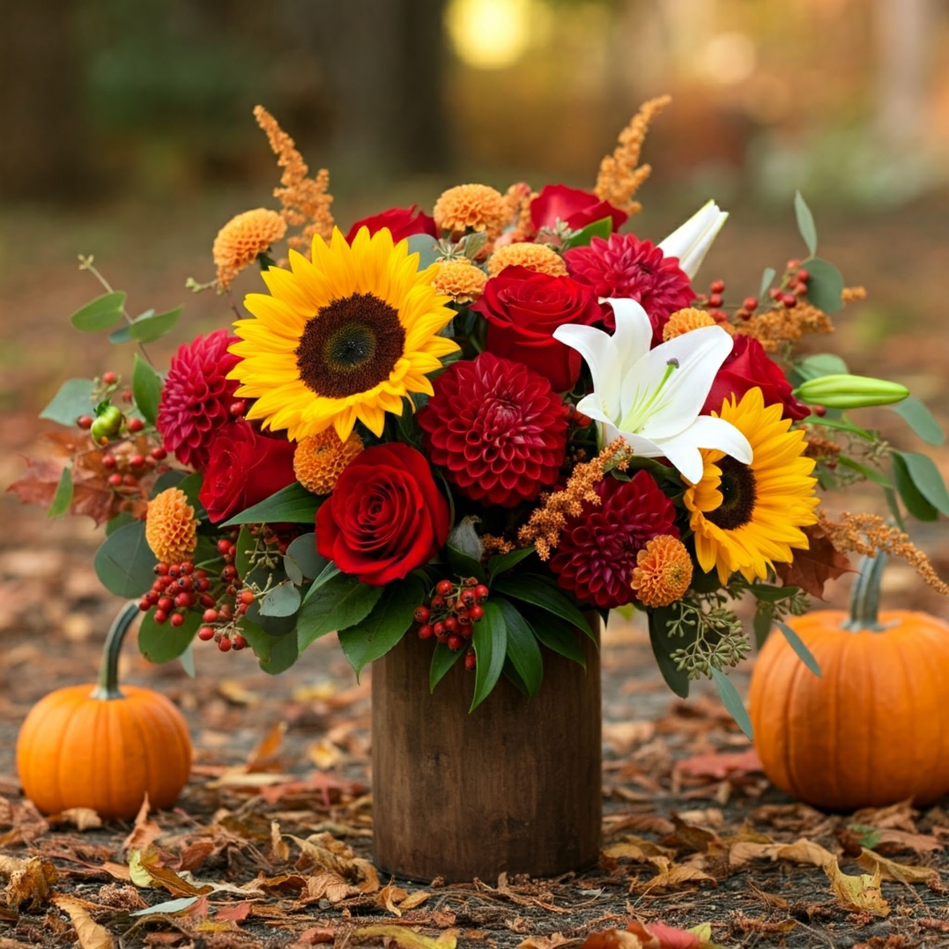Autumn floral arrangement with sunflowers, red roses, and lilies in a wooden vase, pumpkins.