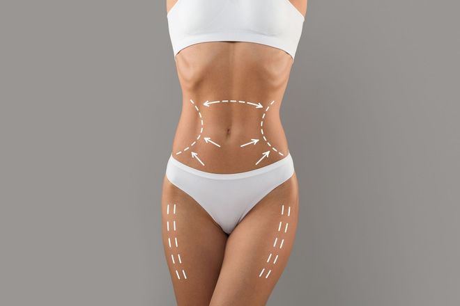 Woman in white underwear with dashed contour lines highlighting waist and thighs on a gray background