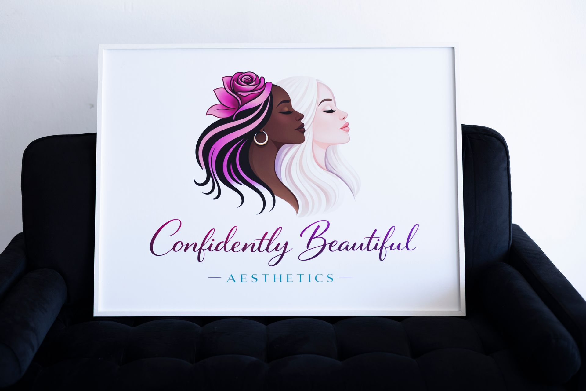 Logo reading “Confidently Beautiful Aesthetics” with a stylized woman’s face and pink rose on a white background