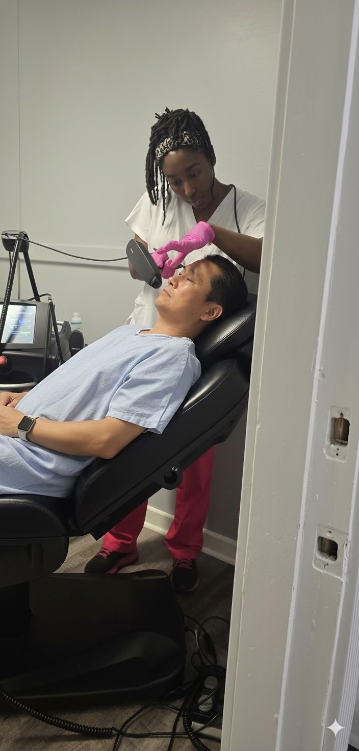 Dentist examining a patient in a reclining chair, wearing gloves and pink scrubs.