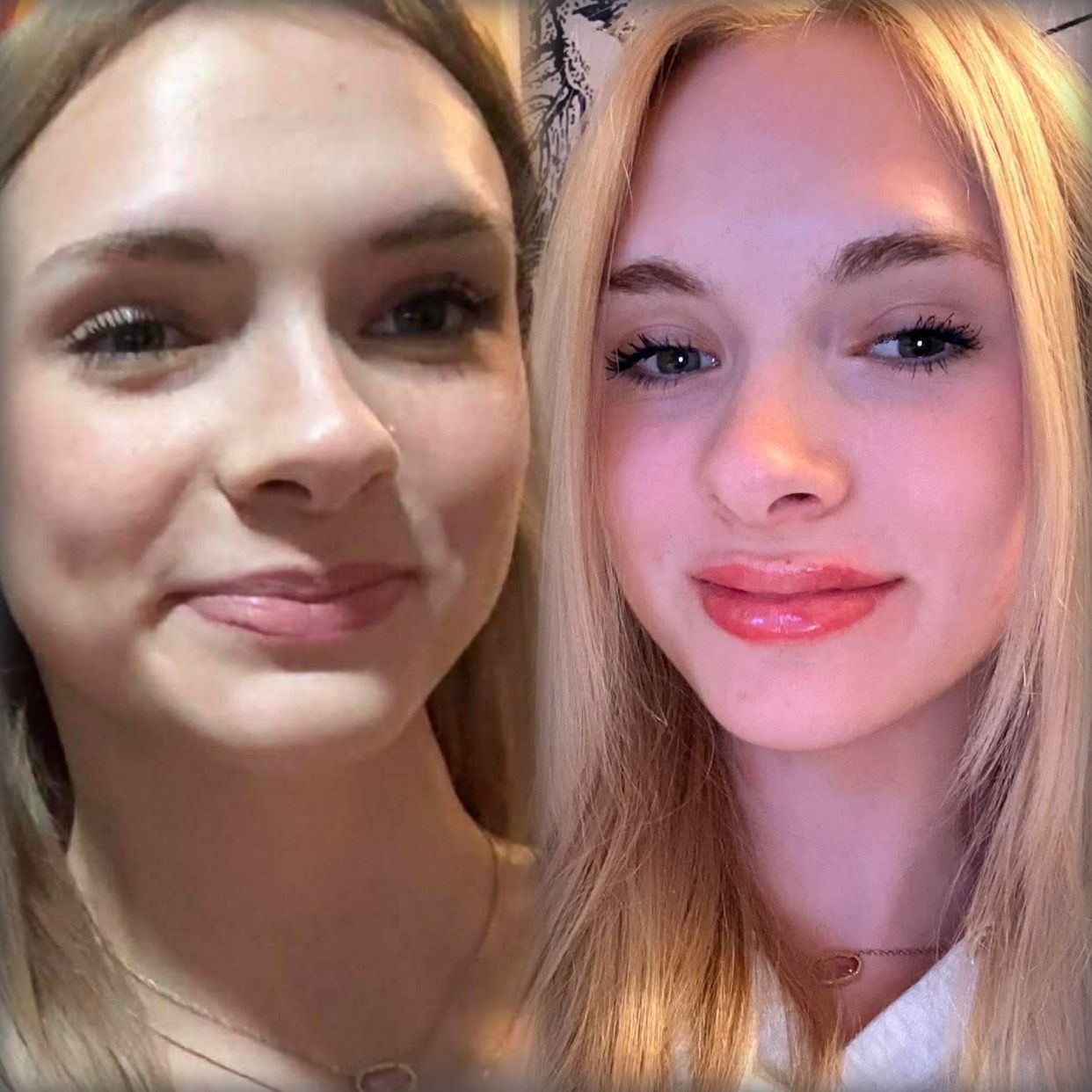 Two close-up selfies of the same woman with soft makeup and blonde hair, side by side.