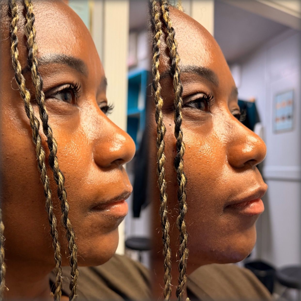 Side-by-side profile close-up of a woman with braided hair in a salon chair, shown in two lighting conditions