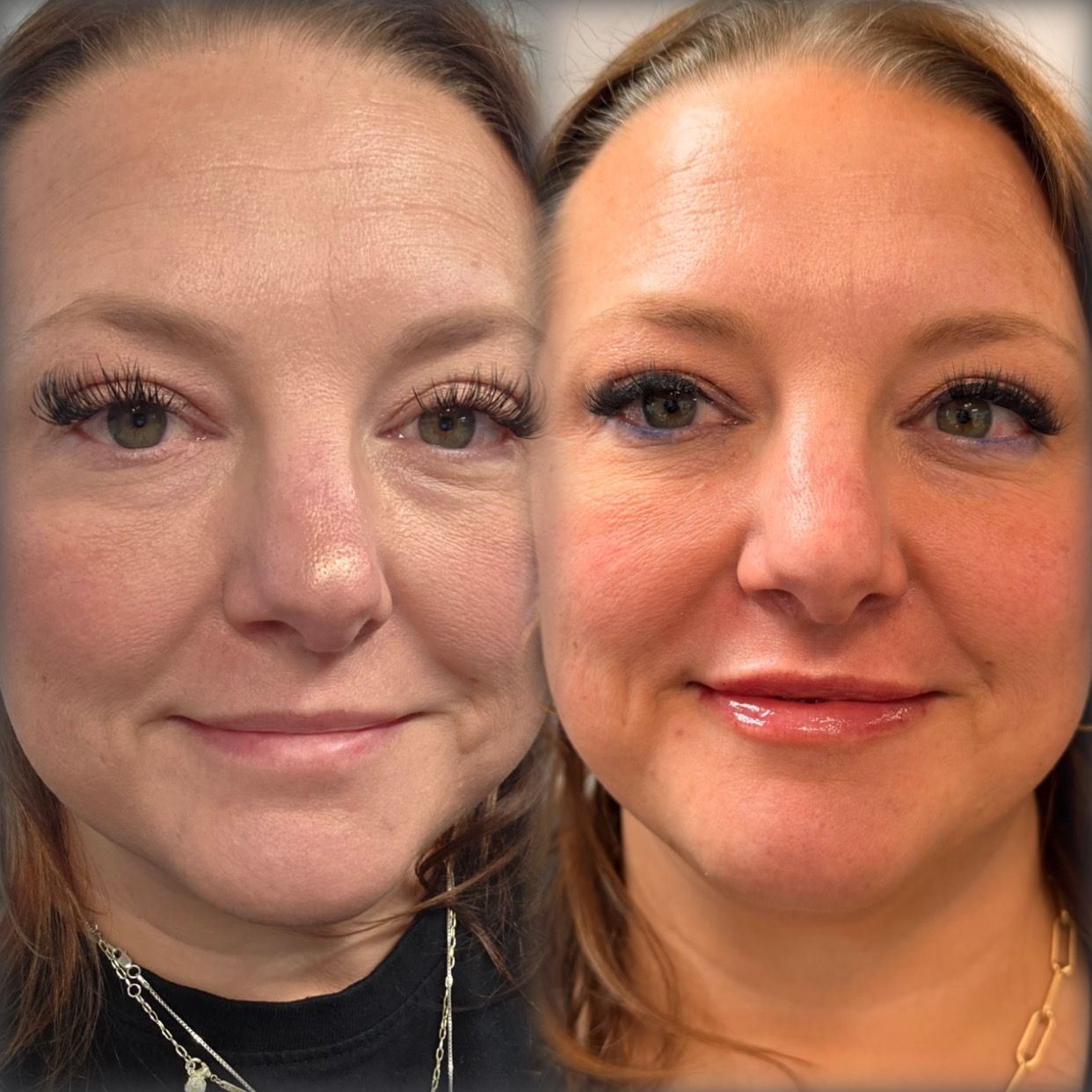 Close-up split-screen selfie showing the same woman with bare face and makeup applied