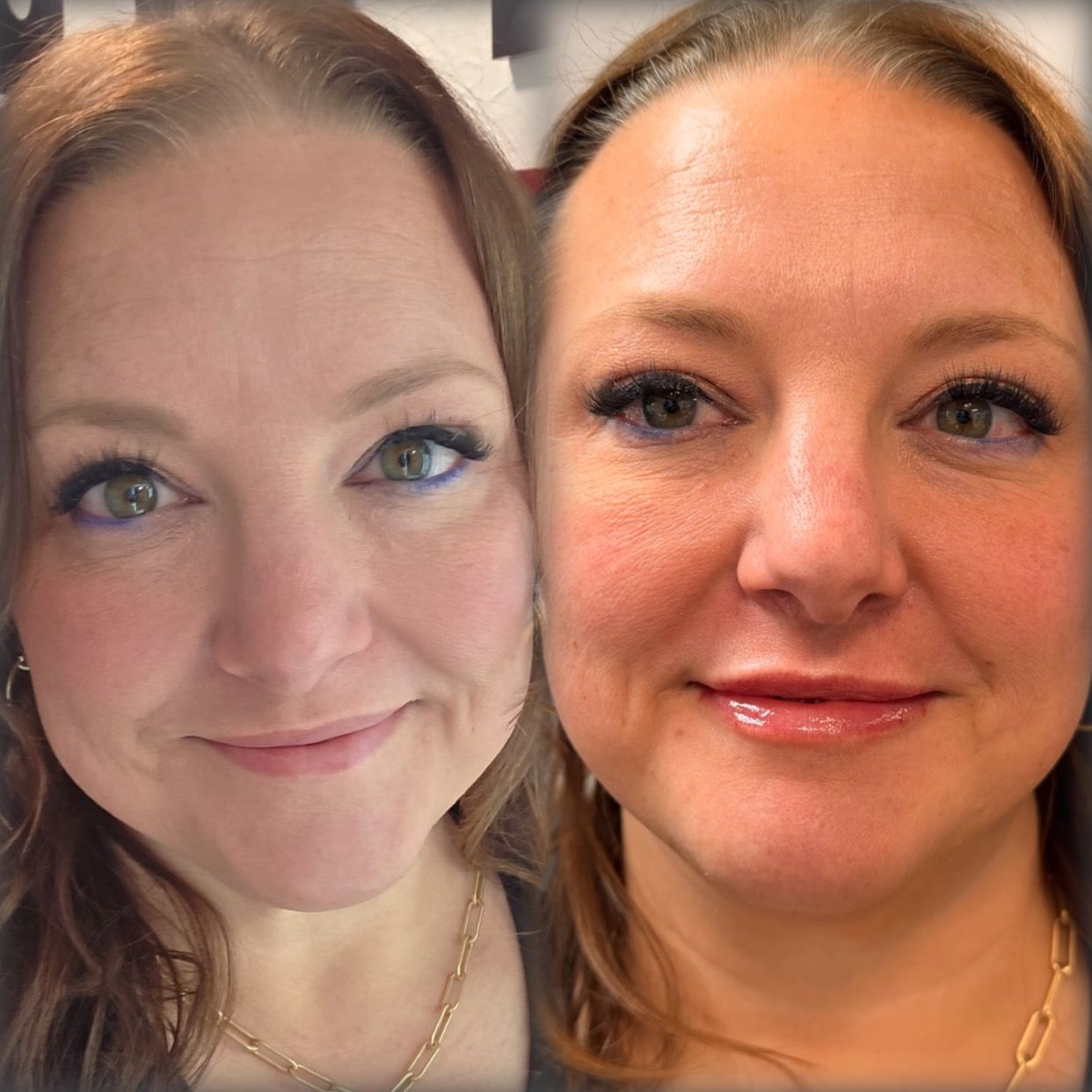 Side-by-side close-up selfies showing a person before and after makeup, with softer and more polished looks