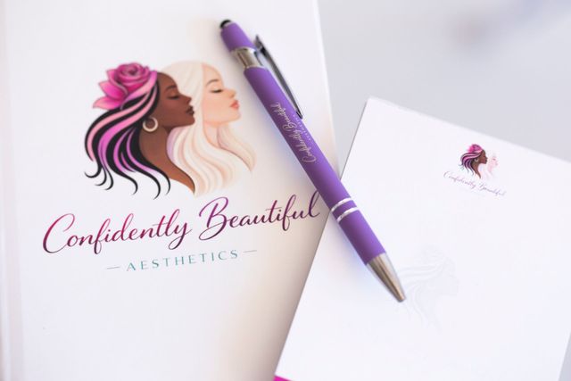 Confidently Beautiful Aesthetics logo on a white notebook with a purple pen and matching stationery.