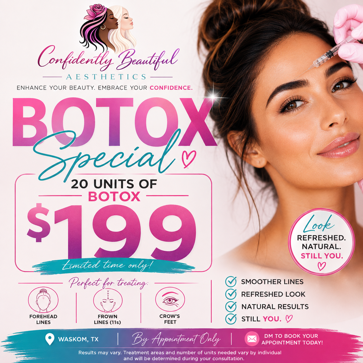Pink beauty ad for Botox special: 20 units for $199, with a woman’s face and clinic branding.