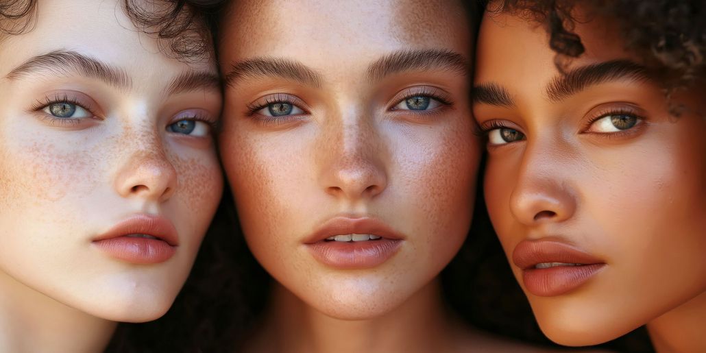 Three close-up faces with soft lighting, showing natural makeup and varied skin tones