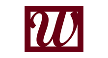 White cursive “W” on a maroon square background