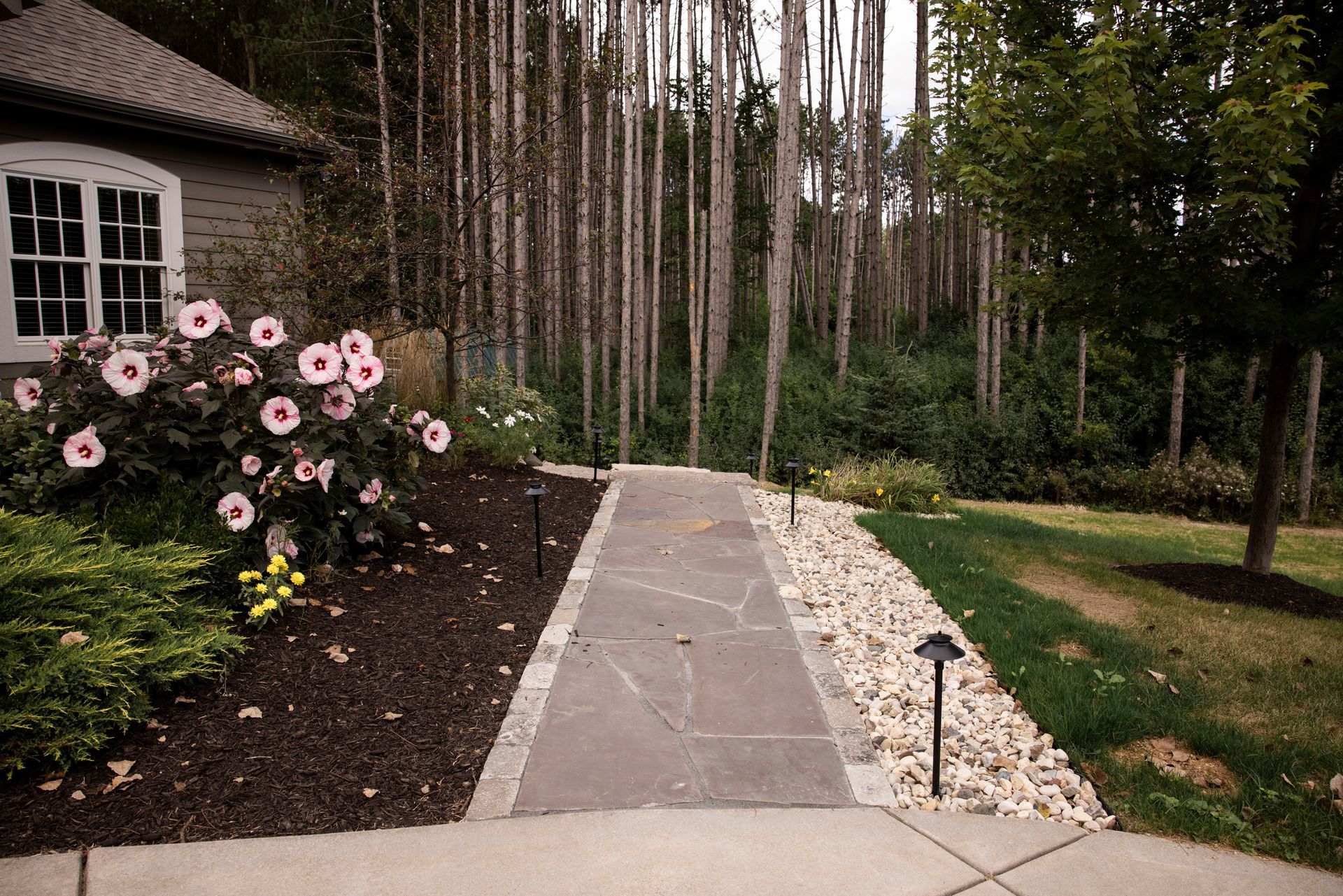 A concrete walkway leading to a house in the woods.