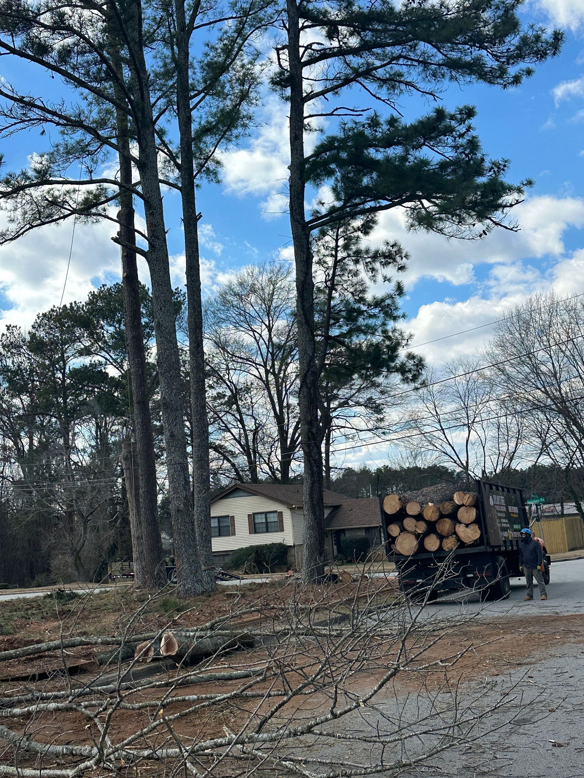 A truck full of logs is parked in front of a house.