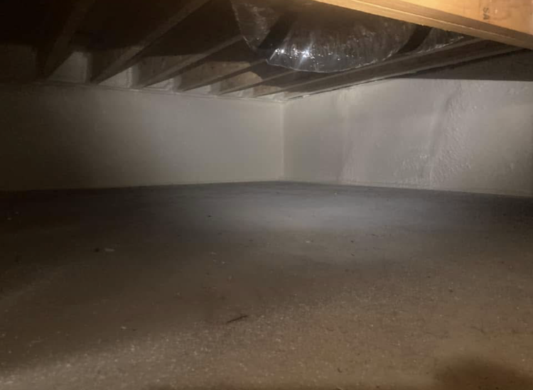 A basement with a white wall and a ceiling.