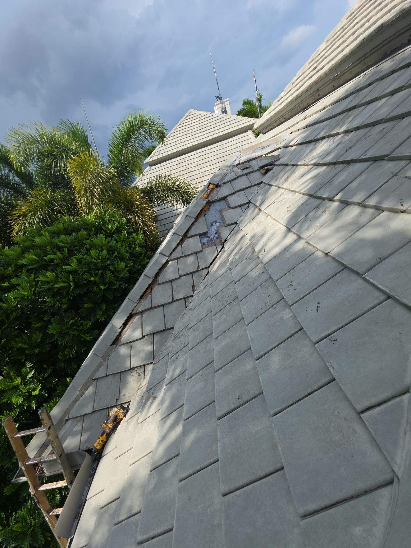 Light gray roof tiles on a house under cloudy sky; a ladder leans against the roof near lush green trees.