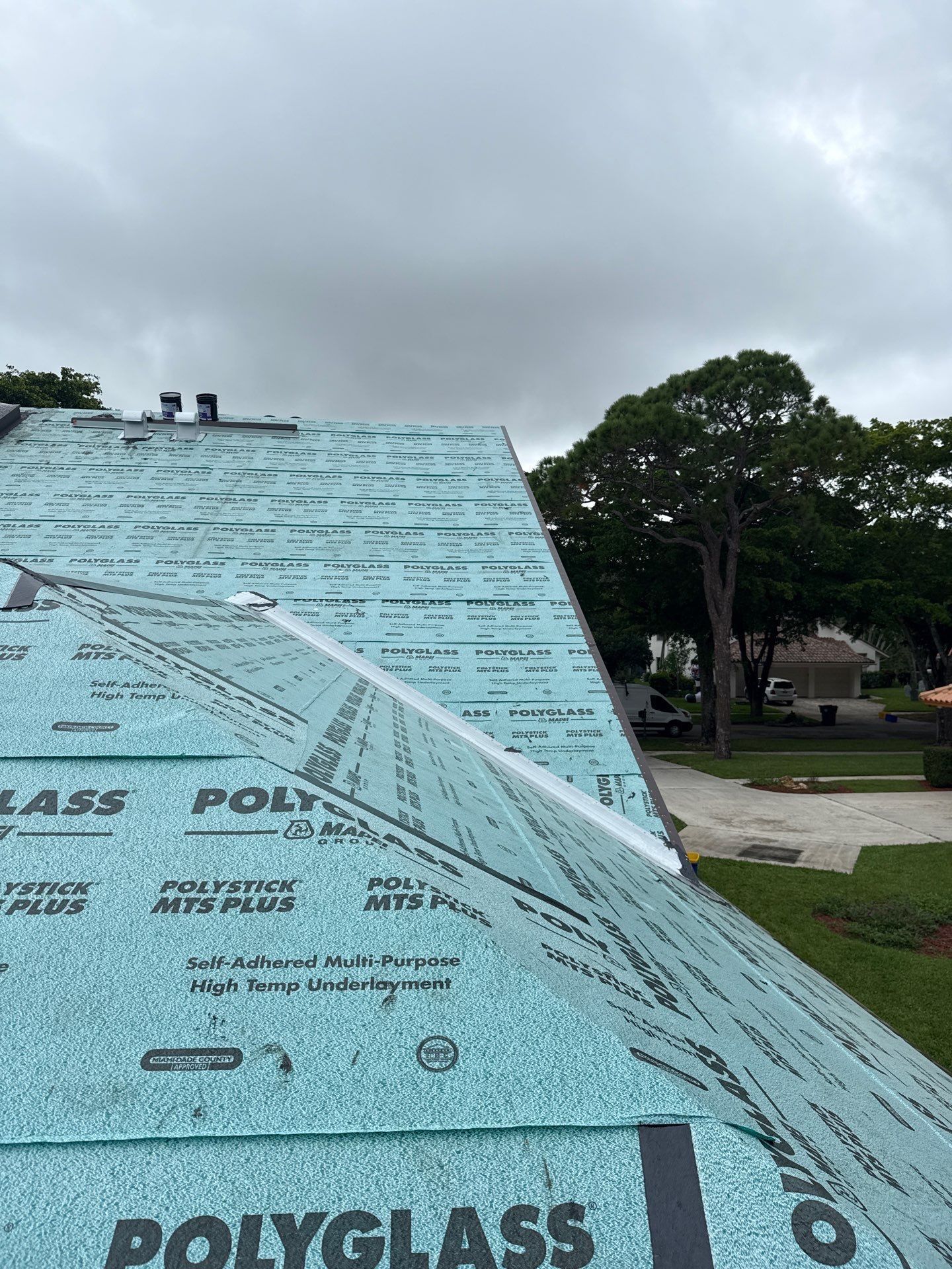 Roofing work in progress; protective underlayment installed on a sloped roof. Gray sky, green trees in background.