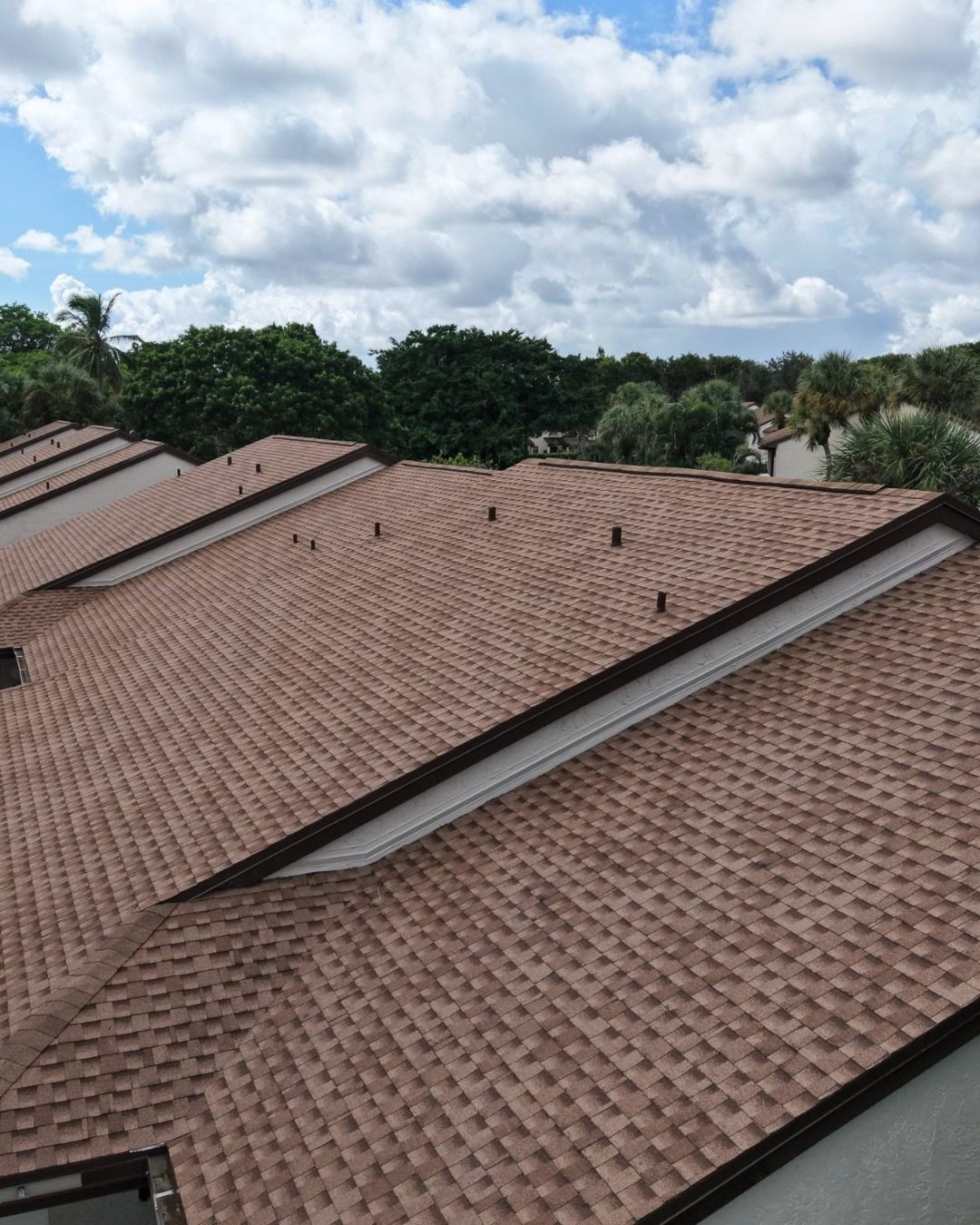 Brown shingle roofs on townhomes with white trim under a cloudy sky and green trees.