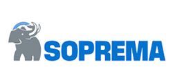 Logo of SOPREMA, a company with a blue and gray mastodon-like creature and blue text.