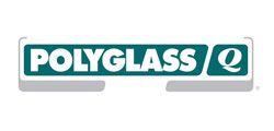 Logo for Polyglass Q, in teal with white text on a white and gray background.