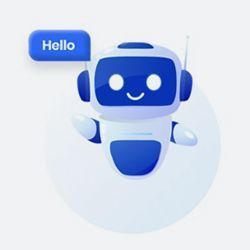 A blue and white robot with a hello sign on its head