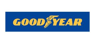 Goodyear logo in yellow on a blue rectangular background