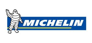 Michelin logo with white Bibendum mascot on a blue wordmark background