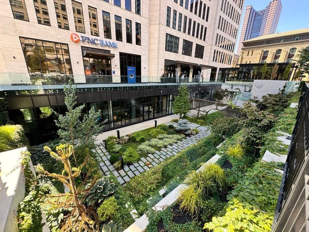 Urban courtyard garden between office buildings with pathways, benches, and lush greenery